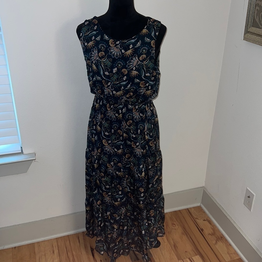 Lara Guidotti dark blue floral print sleeveless tiered Boho Silk blend dress SzL